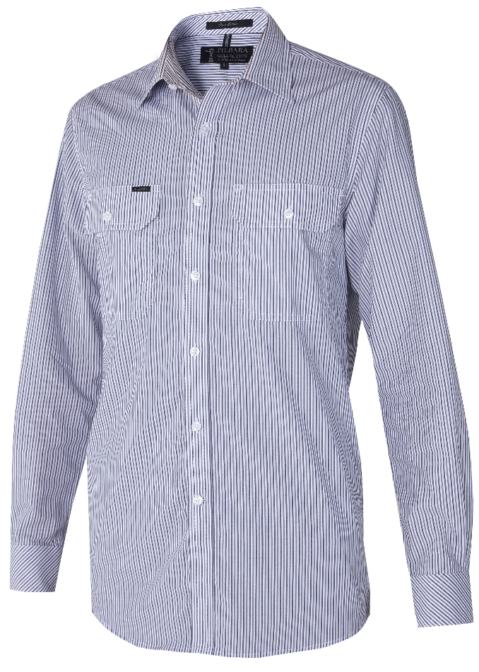 Pilbara Mens Y/D Stripe, Dual Pocket, L/S Shirt | RiteMate Workwear